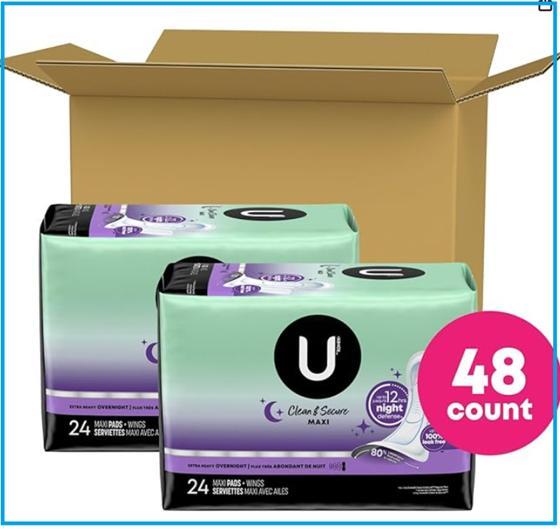 2-Pack U by Kotex Security Maxi w/ Wings, Extra Heavy Overnight, Unscented, 48ct