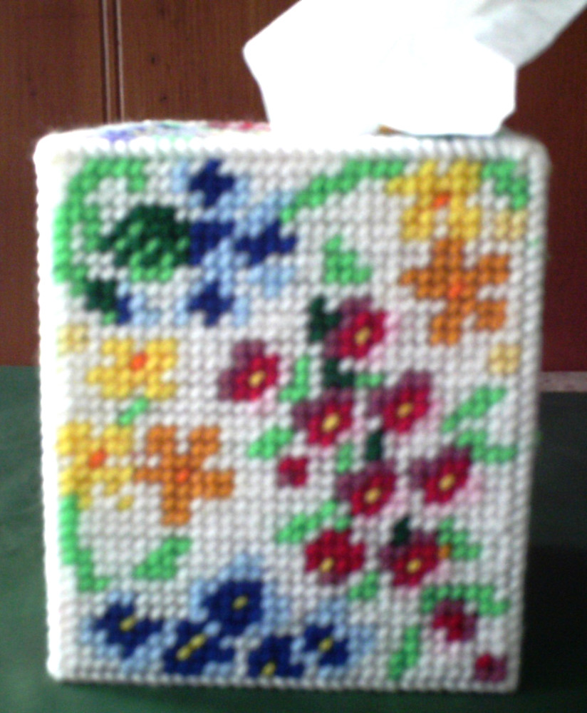 "Spring Flowers" Tissue Box Cover (Plastic & Yarn) Finished