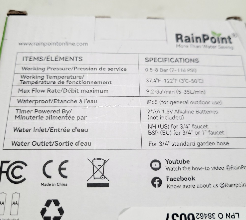 NEW RainPoint Programmable 1 Zone Water Timer Model Number ITV105 OPEN BOX