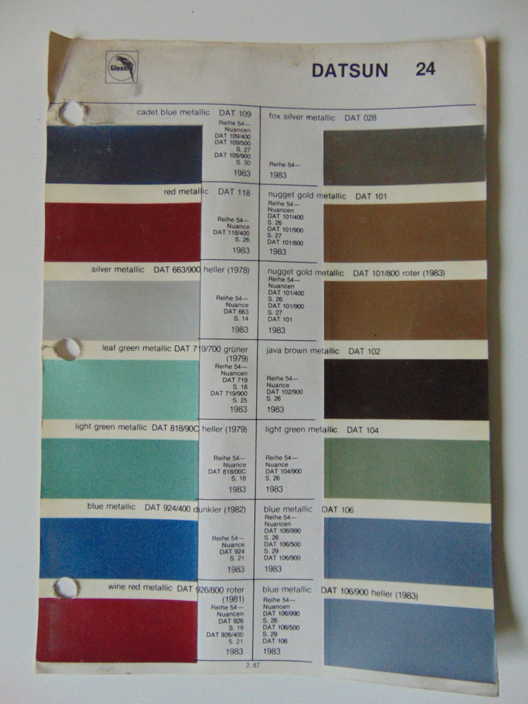 Original Glasurit Datsun Paint Chips Sheet - 1983