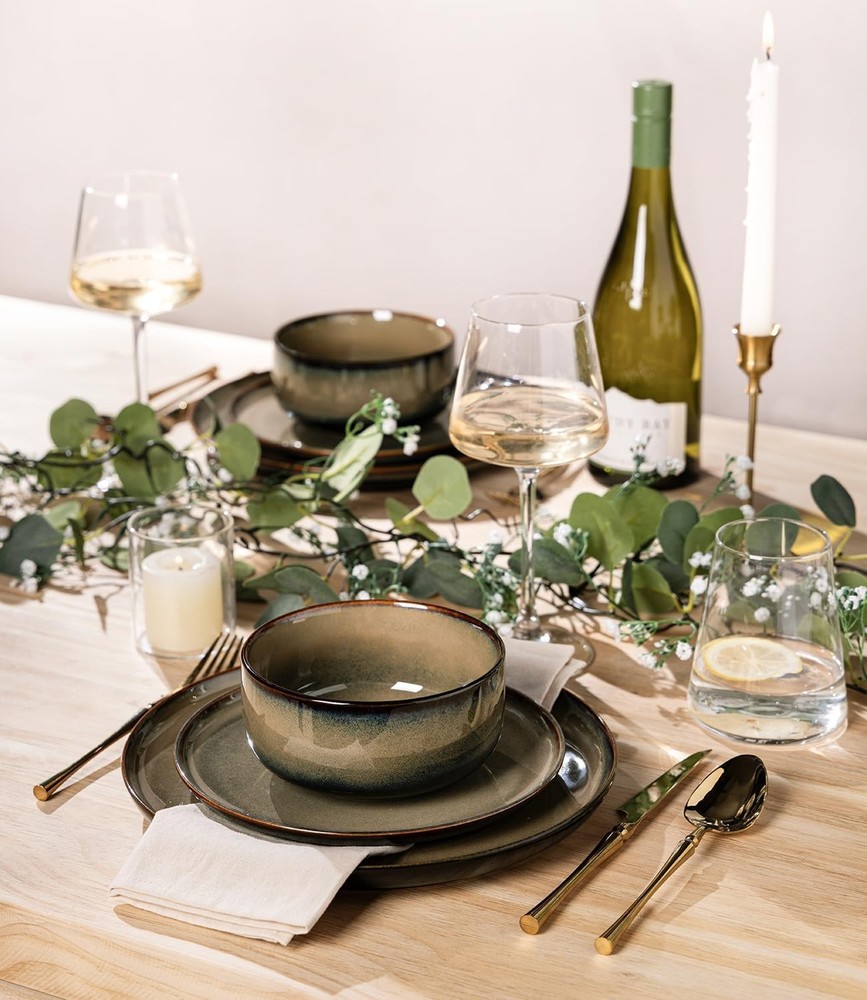 Ceramic Dinnerware Sets for 4, 12 Pcs Handmade Reactive Glaze Plates & Bowls Set