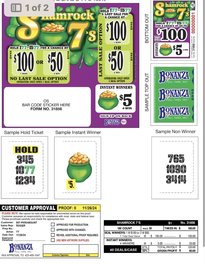 Pull Tab Ticket - Hard Card Tickets - Game - 3 Pack Shamrock 7's