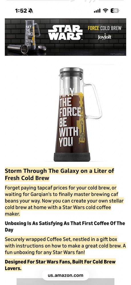 Star Wars Force Cold brew coffee and tea maker