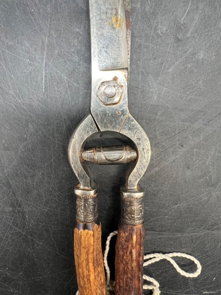 Vintage Bone Handled Carving Pruning Scissors Shears Antler Sterling Silver Tool