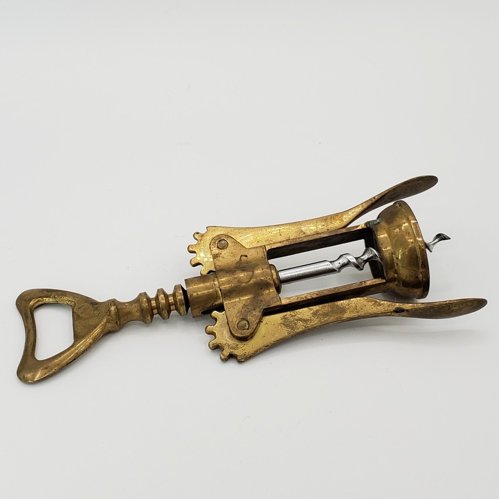 Vtg Solid Brass Corkscrew Bottle Opener Italy