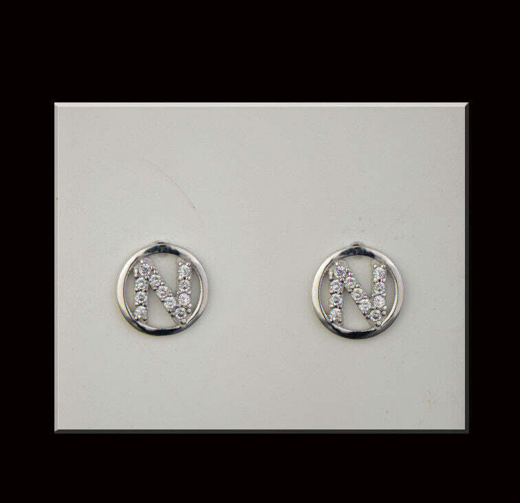 14k Yellow or White Gold Round Initial Letters CZ Stud Earrings