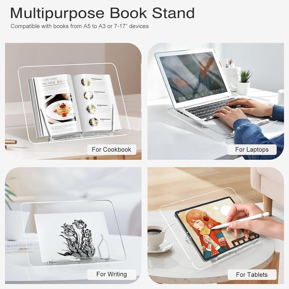 Acrylic Book Stand, Angle Adjustable Book Display Stand,Foldable Cookbook Sta...