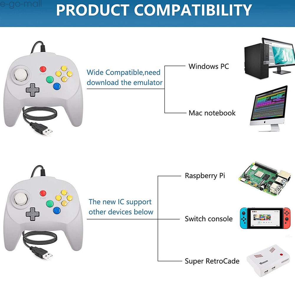USB N64 Mini Wired Game Controller for STEAM Super RetroCade Switch PC MAC