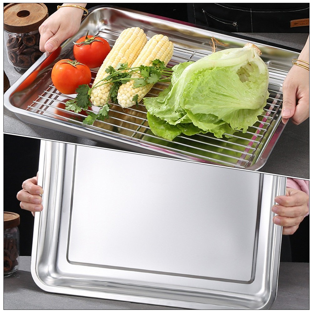3pcs Oven Pan Stainless Steel Rectangular Heavy Duty Deep Edged Tray