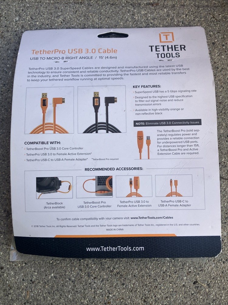 Used Tether Tools TetherPro USB to 3.0 Micro-B Right Angle Cable, 15', Orange