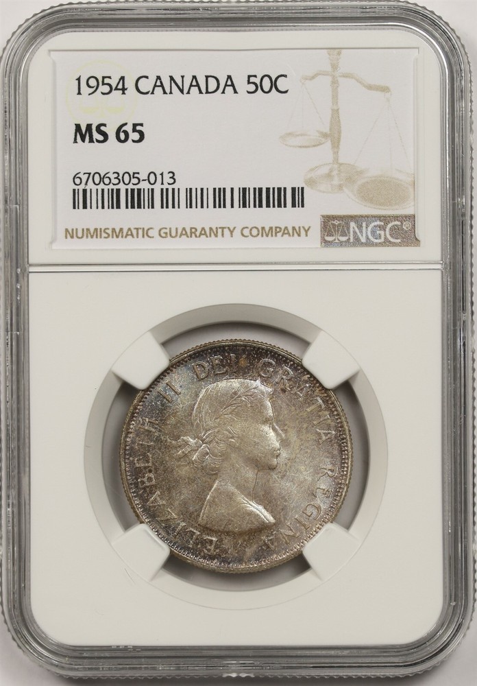 1954 Canada 50C NGC MS 65 (Toned) Silver Half Dollar