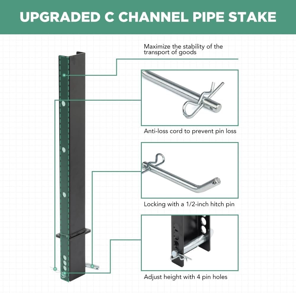 4 Pack Pipe Stakes 30" Heavy-Duty C Channel Adjustable for Flatbed Trailer