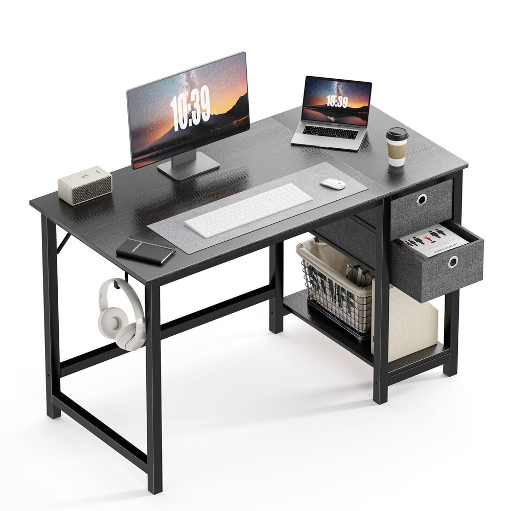 Office Study Table with Side Hook and 2 Storage Drawers - 40/47in Computer Desk