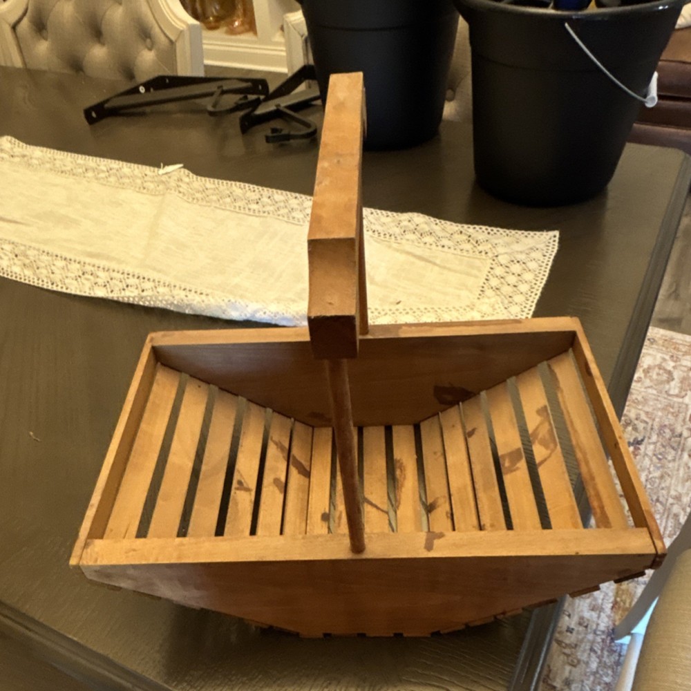 Handcrafted Wood Rectangular Slatted Basket with Handle Rustic Brown Indoor