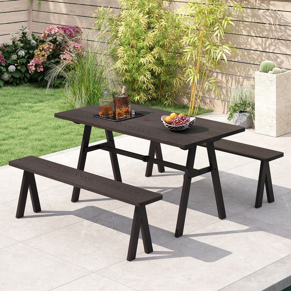 59" x 29.5" Rectangle Rustproof Patio Dining Table with 1.93" Umbrella Hole