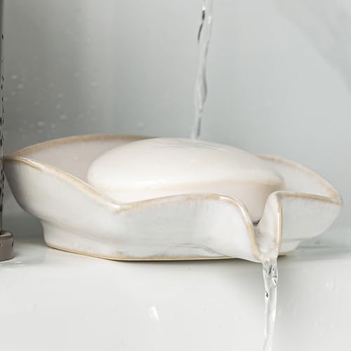 Soap Dishes, Ceramic Shower Soap Dish with Waterfall Rectangular Beige White