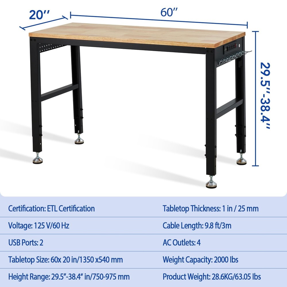 Adjustable Workbench 60"x20" 2000lbs Load Capacity Height Adjustable 29.5"-38.4"