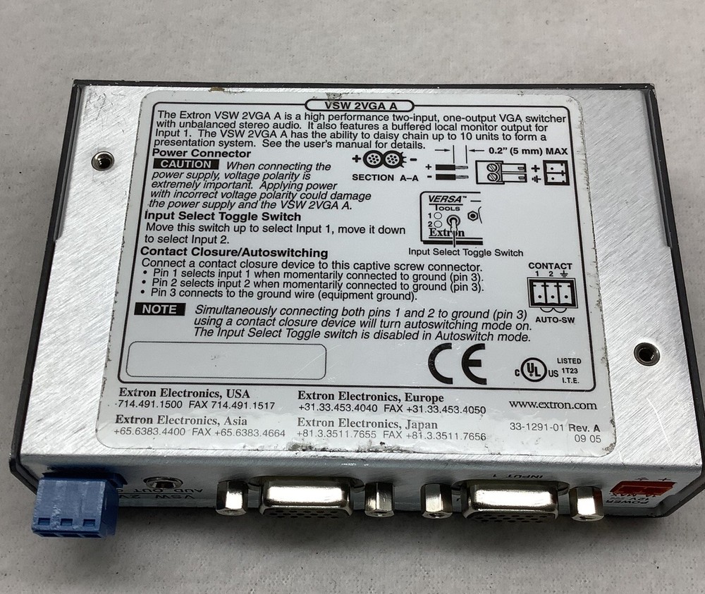 Extron VSW 2VGA A Two Input VGA and Stereo Audio Switch