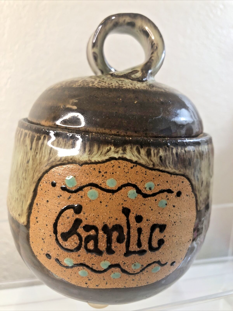Studio Art Pottery Garlic Keeper Ceramic Stoneware Drip Glaze Signed B 5" Tall