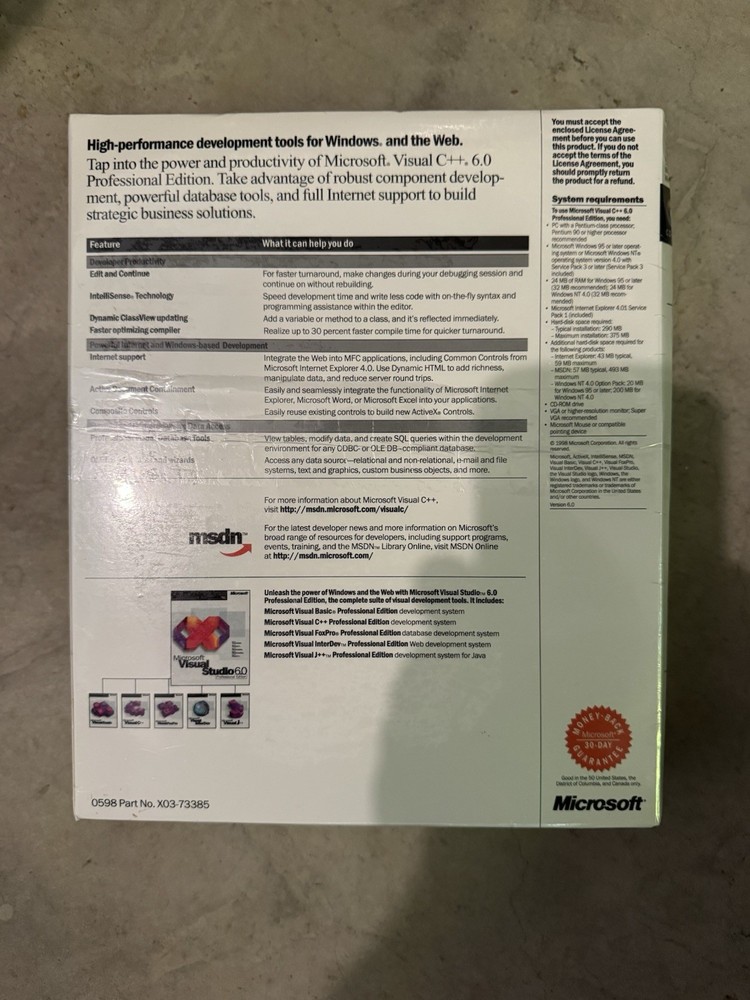 Microsoft Visual C++ 6.0 Professional Edition CD-ROM Retail for Windows 95/98/NT