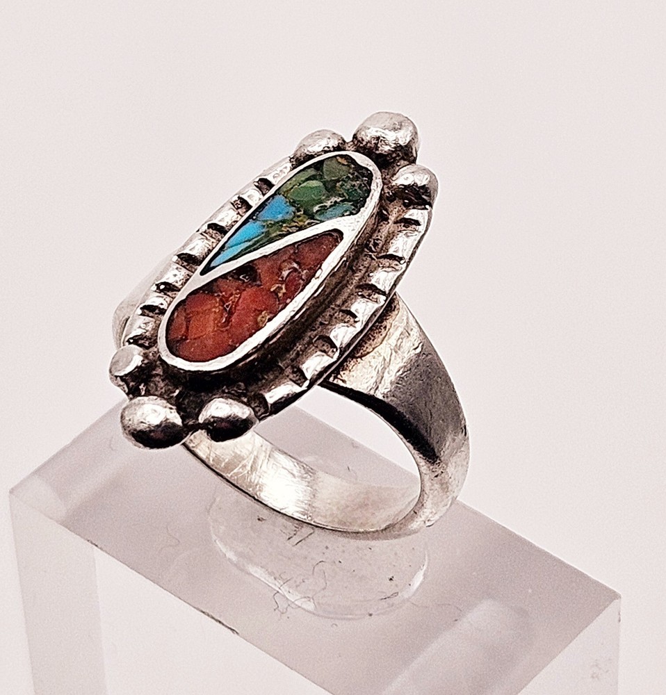Sterling silver coral & turquoise multi stone inlay native ring