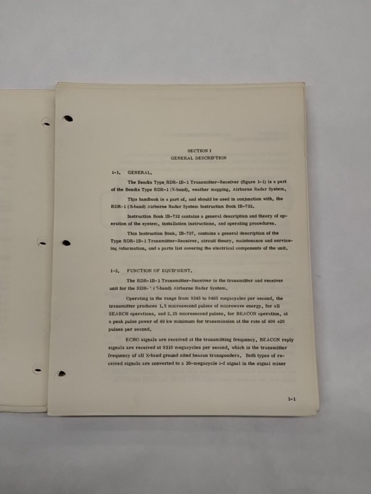 Bendix Airborne Radar System Type RDR-1B-1 Transmitter Receiver Instruction Book