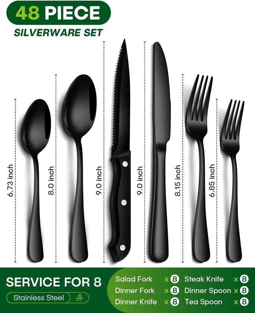 Black Silverware Set, 48 Piece Flatware Set, Stainless Steel Mirror Flatware