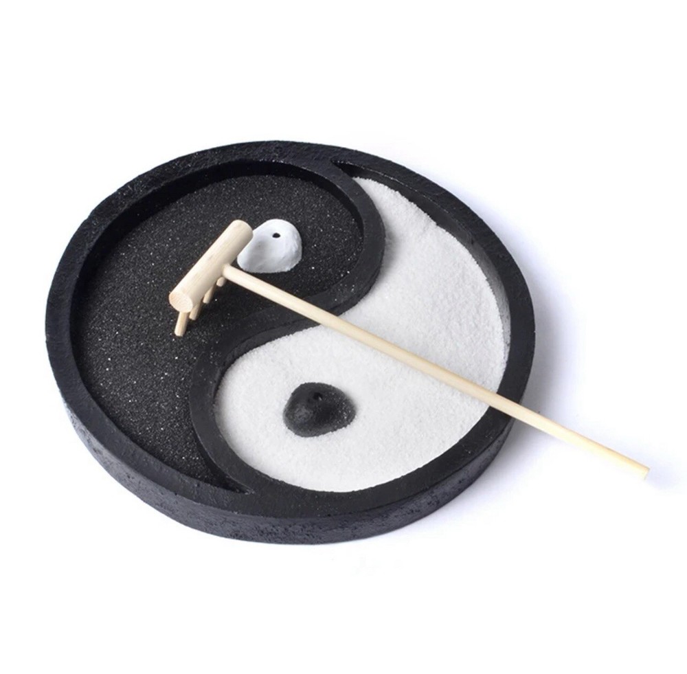 Zen Garden With Black/White Sand & Rake