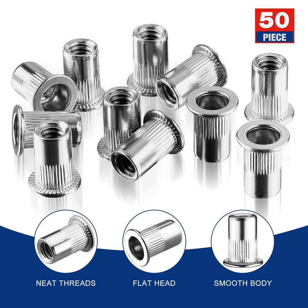 WORKPRO 50PC Rivet Nuts 1/4"-20 Flat Head Threaded Insert Stainless Steel Rivnut