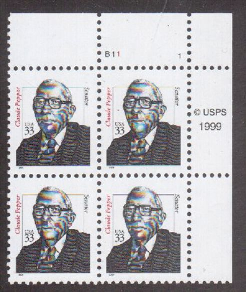 Scott # 3426...33 Cent...  Claude Pepper...Plate Block