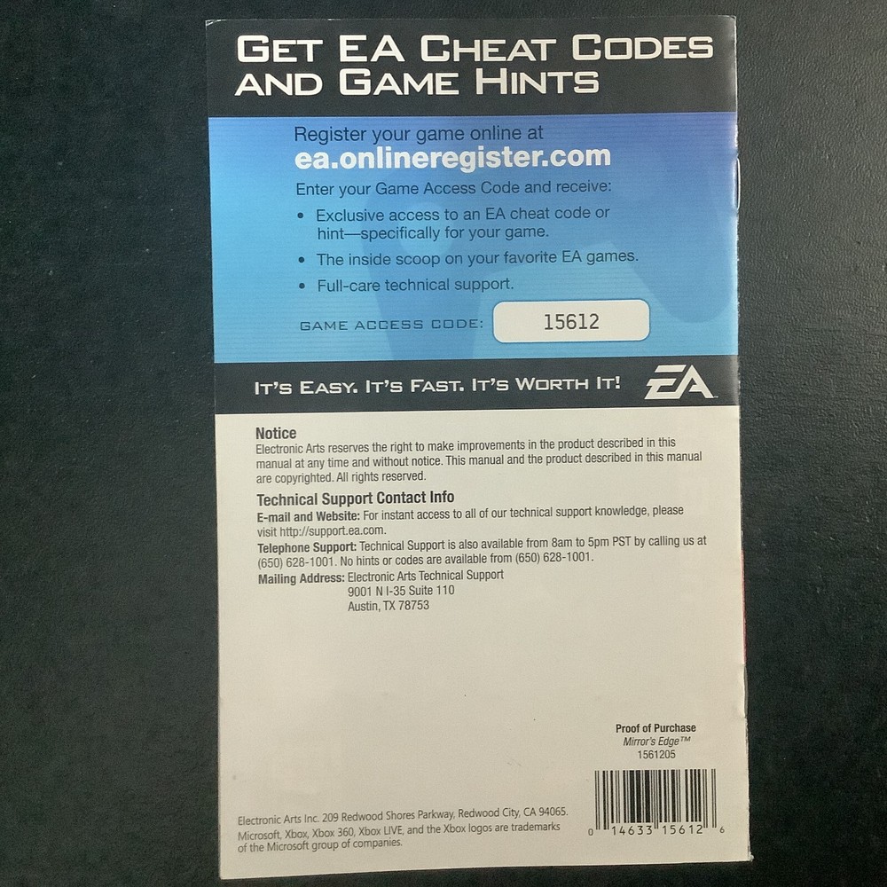 Mirror's Edge Microsoft Xbox 360 Instruction Manual Only