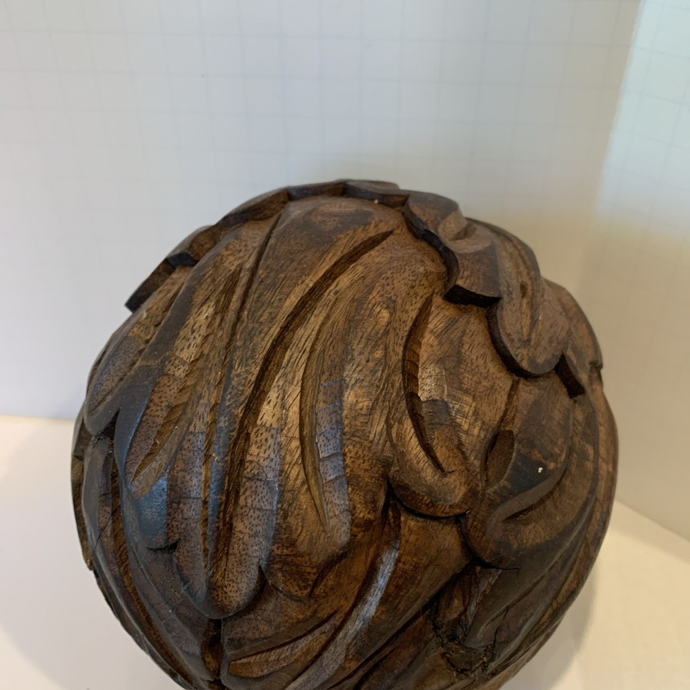 Primitive Hand Carved Solid Wood Sphere 6.5” Diameter Heavy