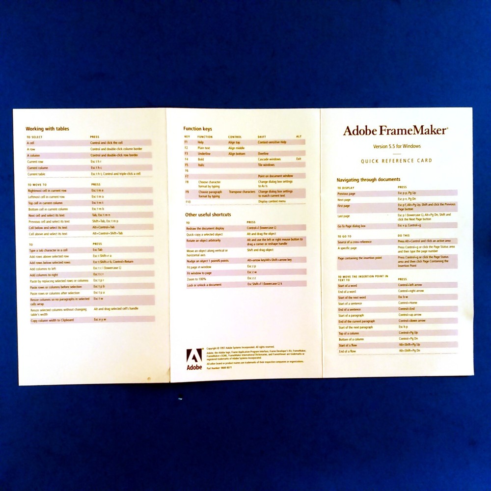 Adobe FrameMaker Version 5.5 Quick Reference Card Shortcut Guide for Windows