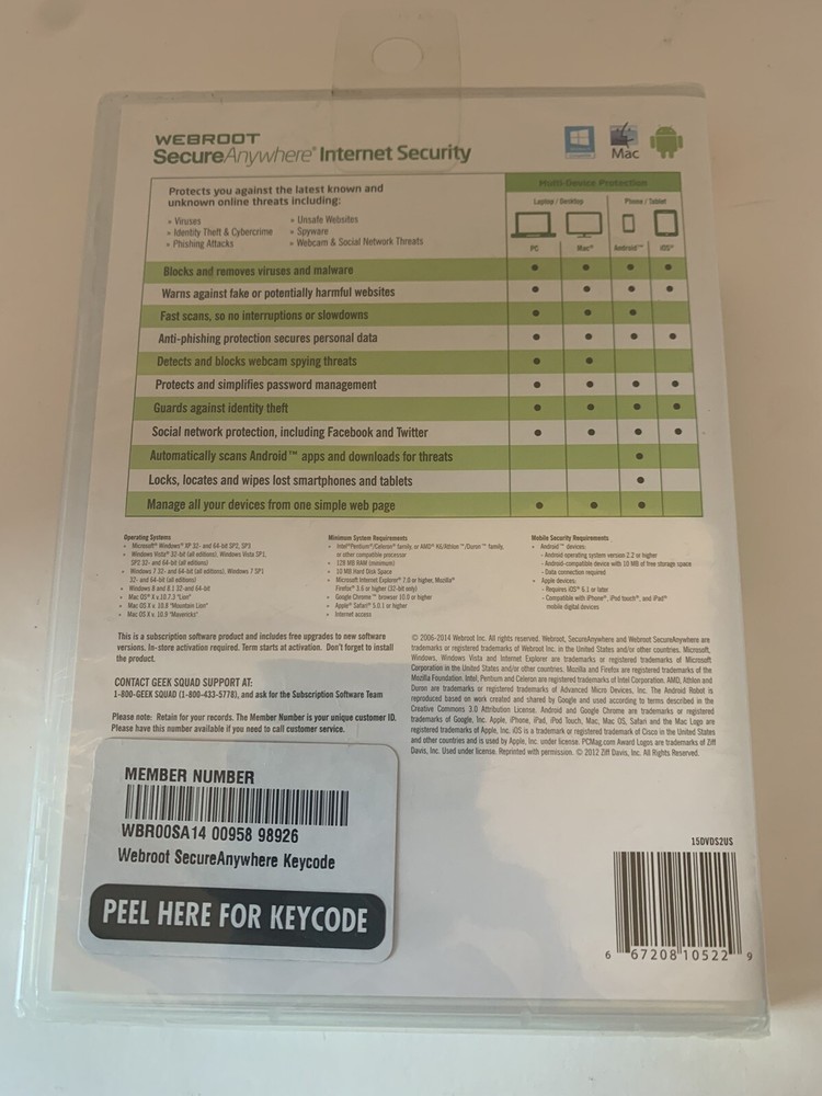 Webroot Secure Anywhere PC/Mac/Mobile Android & iOS-3 Devices Internet Security