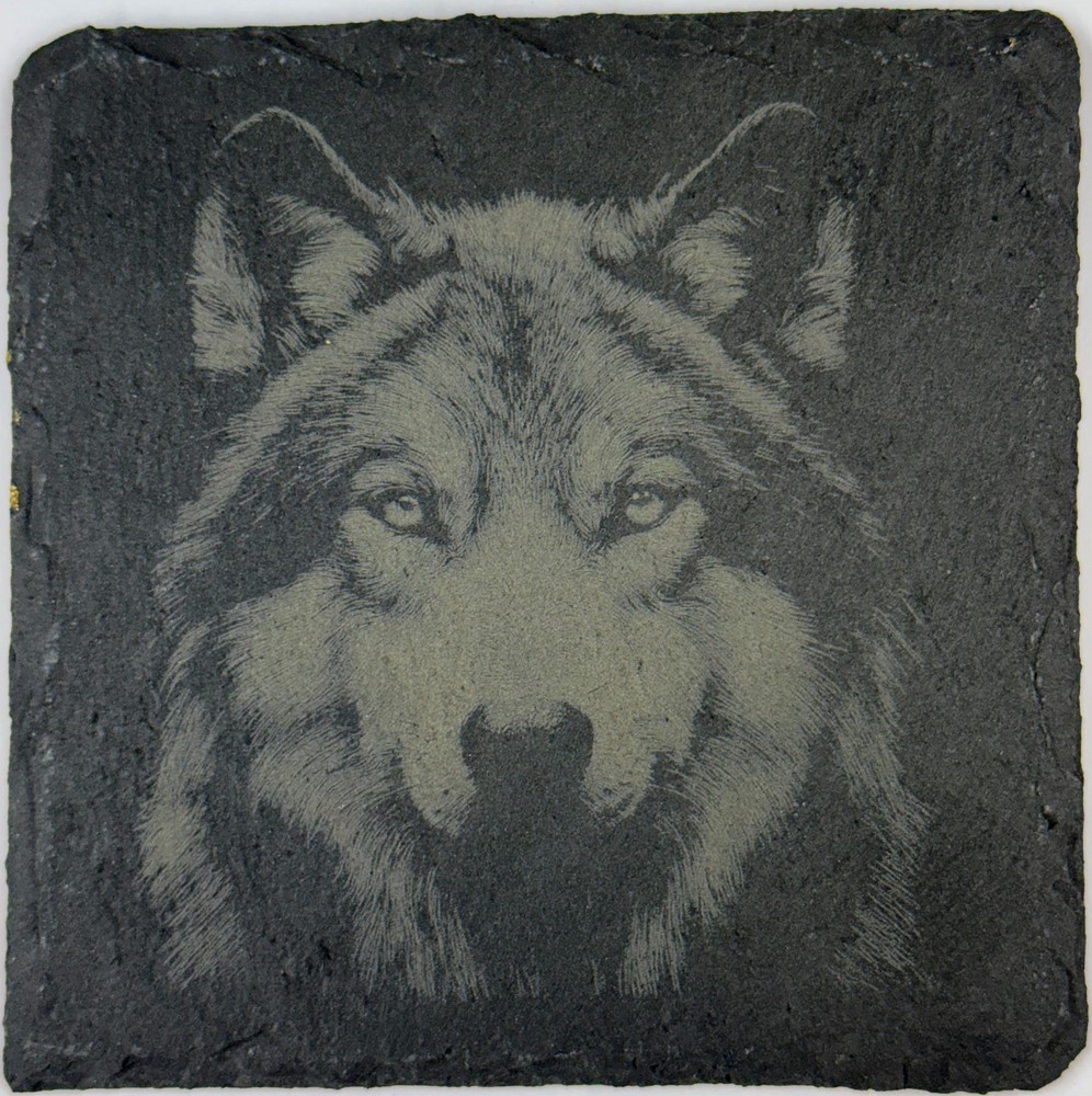 Wolf Slate Coasters – Laser Engraved Rustic Wildlife Drinkware