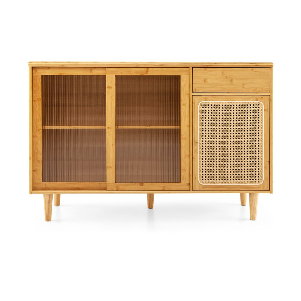 Buffet Sideboard Cabinet Rattan Console Table with Sliding Doors Storage Drawer