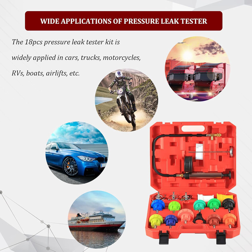 18Pcs Radiator Pump Pressure Leak Tester Detector Coolant System Test Tool Kit