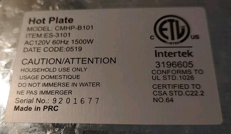 CUSIMAX Electric Hot Plate Model CMHP-B101 with 7-Setting Adjustable Thermostat