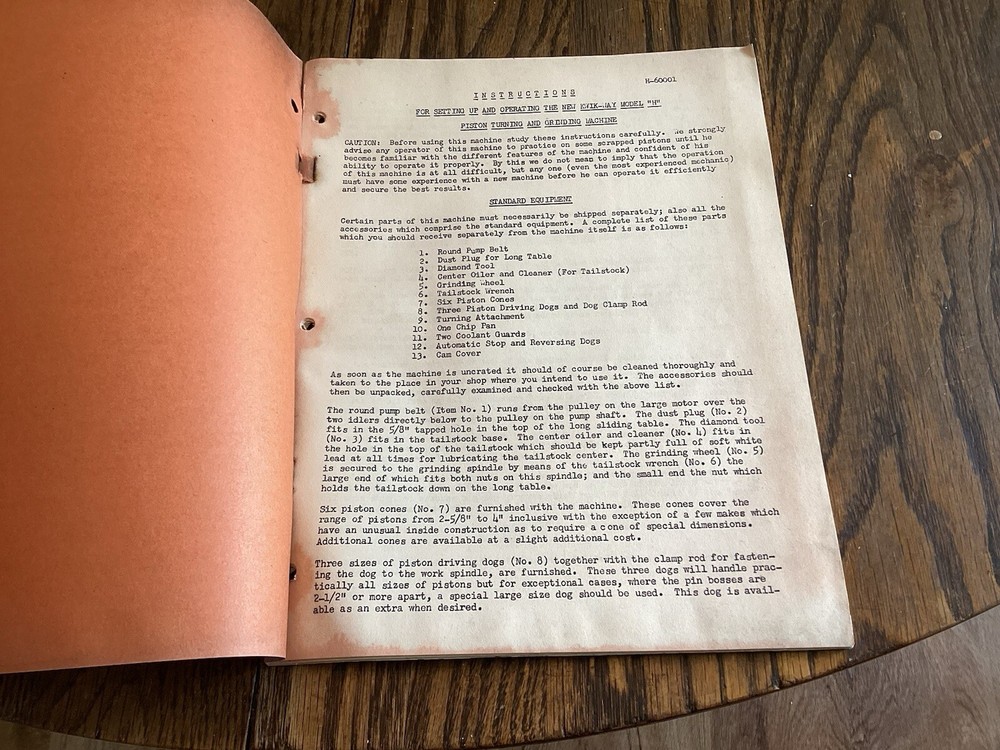 Kwik-Way Model “H” Piston Turning And Grinding Machine Instructions