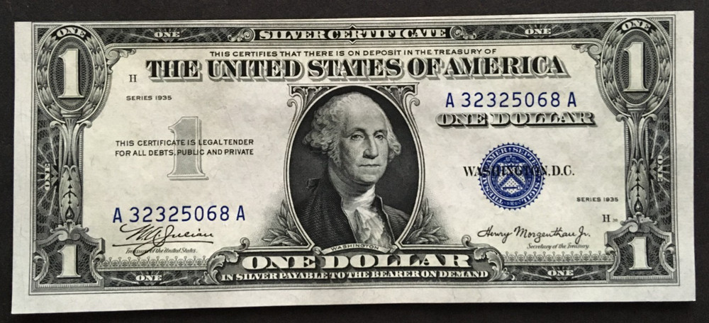 1935 plain Silver Certificate $1 Blue Seal Gem Uncirculated misaligned error
