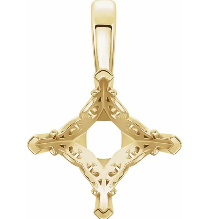 12mm Princess Square Solid 14k Yellow Gold Vintage Scroll Pendant Setting Mount