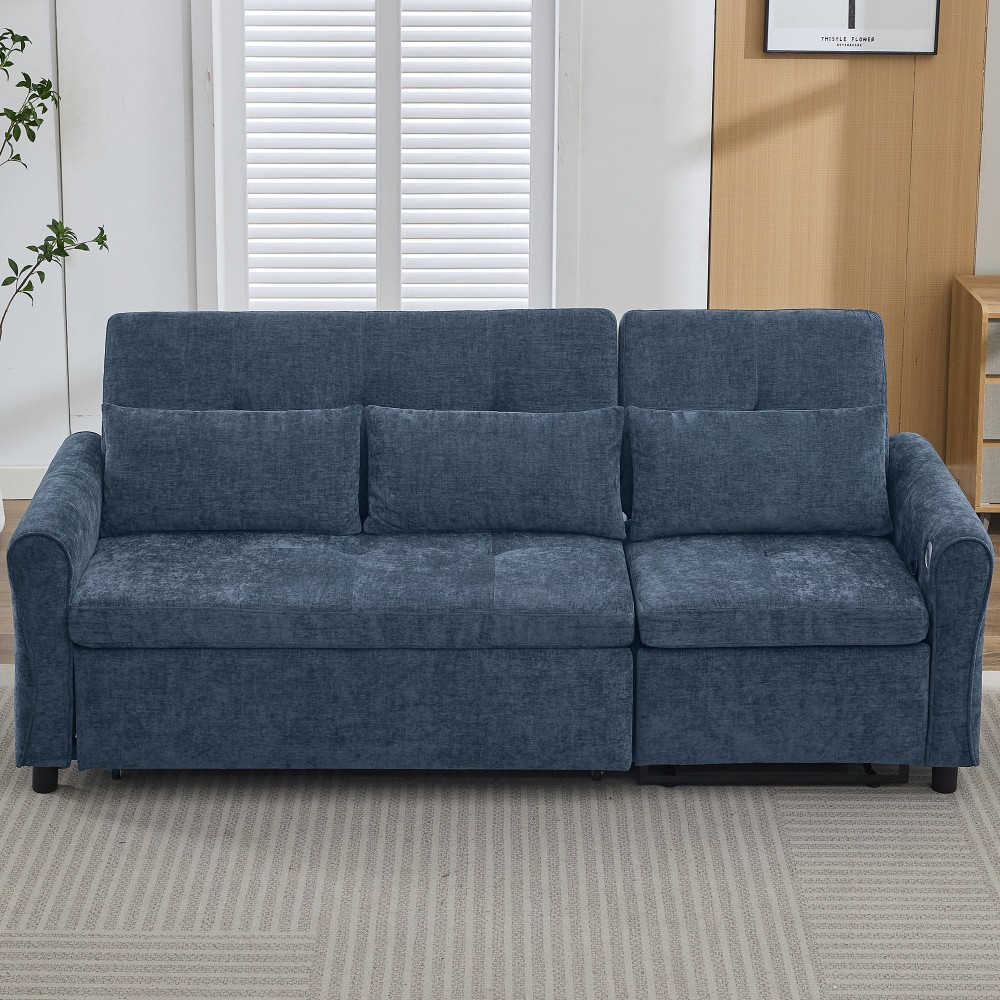 82" Blue Chenille Sofa Bed w/ Reversible Recliner, Adjustable Backrest, USB