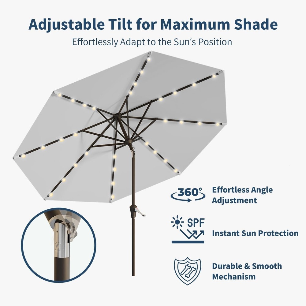 Patio Kingdom 9FT Solar Umbrella 32 LED Lighted 9FT, Light Gray