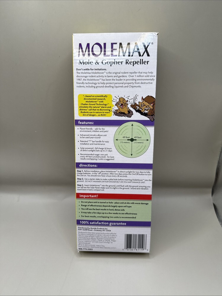 Molemax Sonic Spike Repeller, Solar Powered Mole and Gopher Bonide NEW