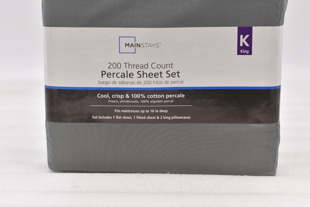 Mainstays 200 Thread Count 4 Piece Percale Sheet Set in Dark Grey, King