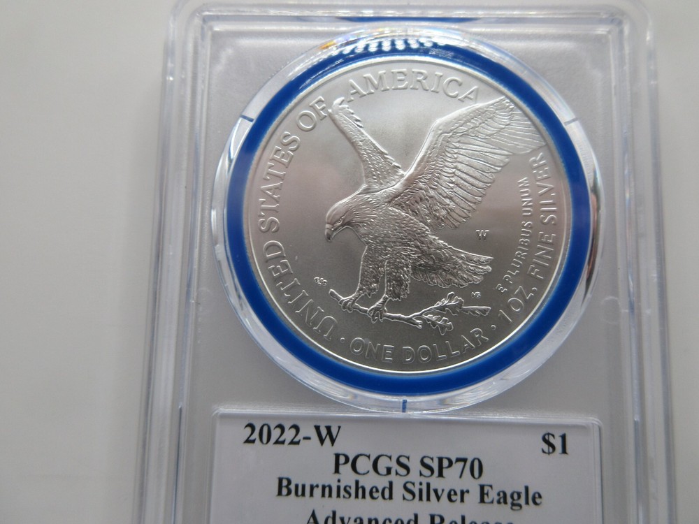 2022-W Burnished Silver Eagle Advanced Release; Mint Designer Damstra PCGS SP70