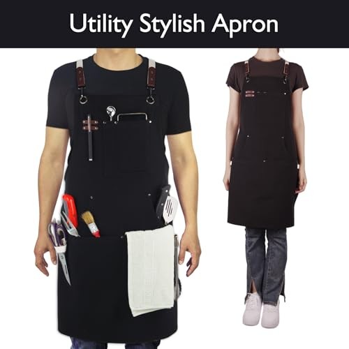 Kitchen Apron, Work Apron, Canvas, Multiple Pockets, Gardening, 1 Black