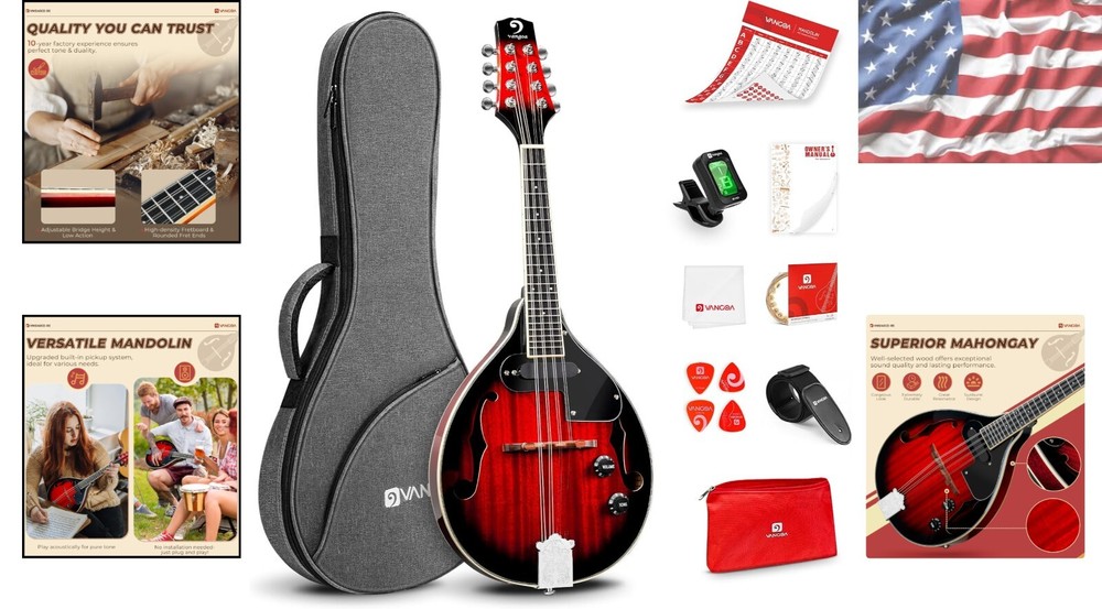 Professional Grade 8-String Mandolin - Comfortable Playing & Stunning Red Burst