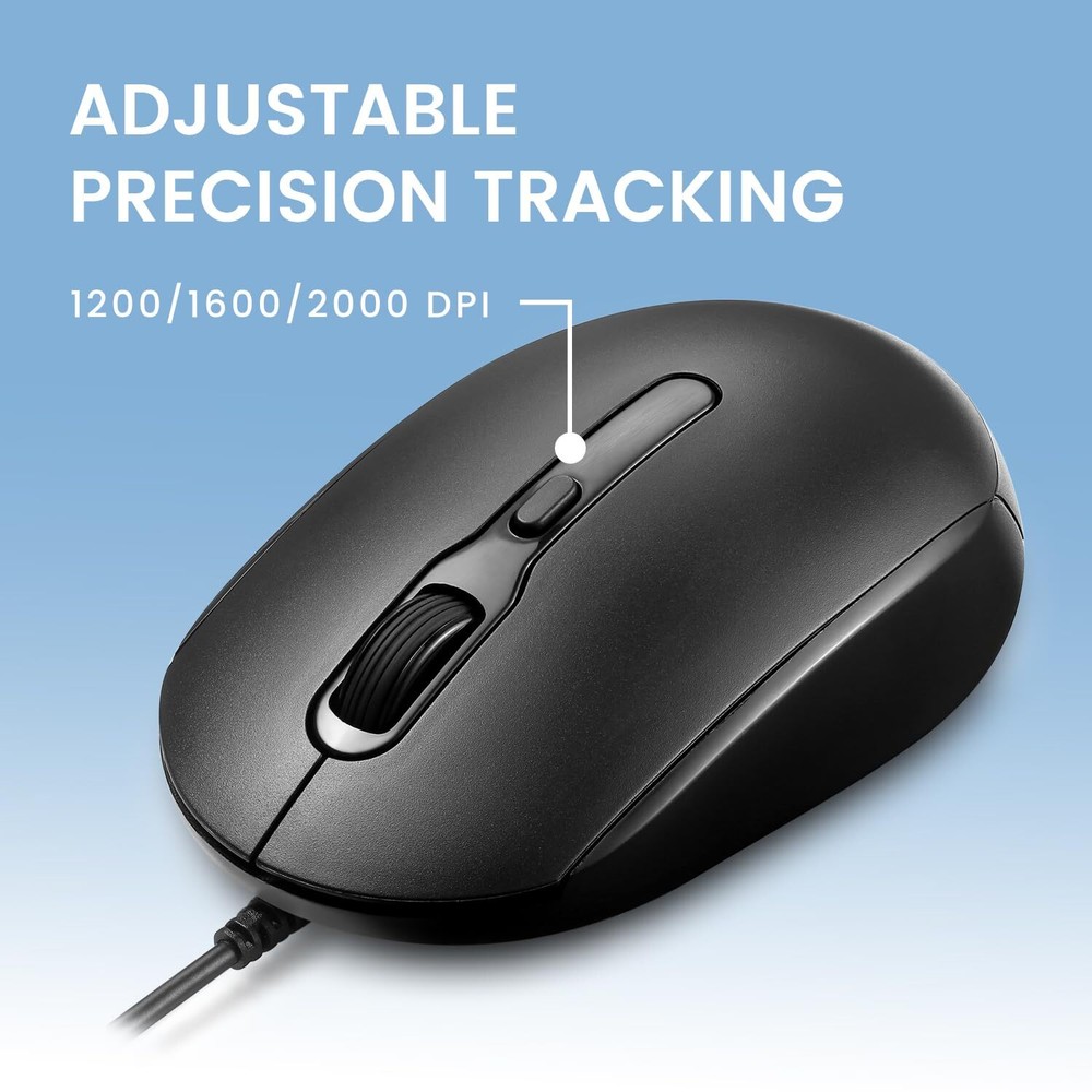 PERIMICE-222UB Wired USB Optical Mouse 5.9 Ft Cable Adjustable DPI Black