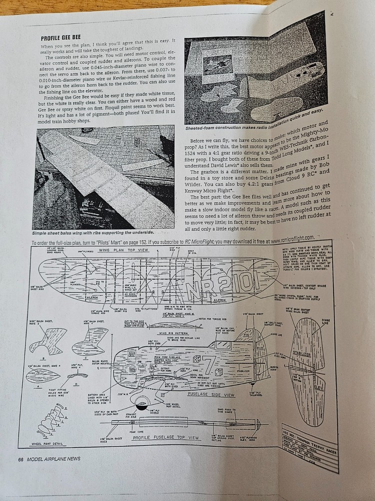 GEE BEE PLAN + CONSTRUCTION ARTICLE to Build a PROFILE 34" Model Airplane